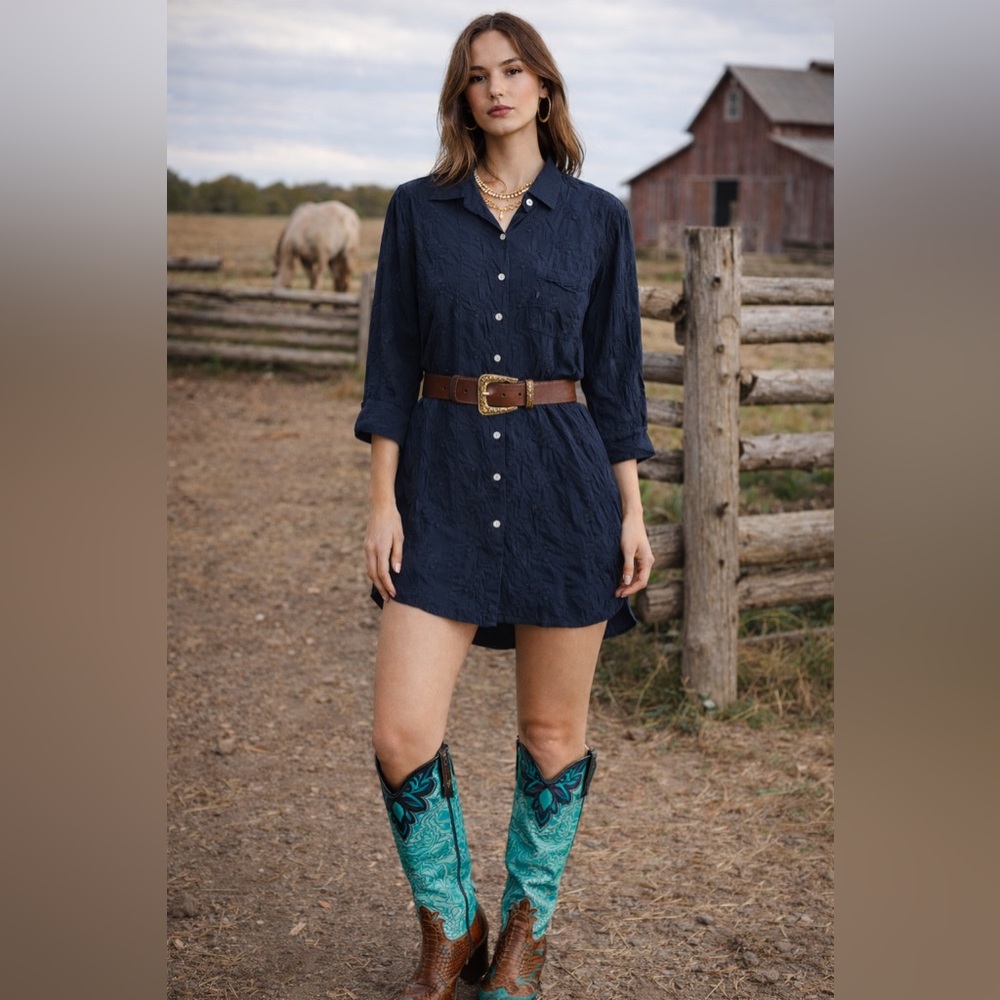 Julia Amory Swizzle Textured Shirt Dress | Black Embroidered Button Front